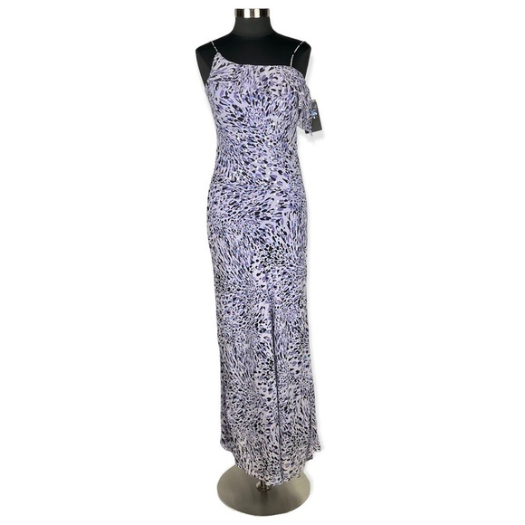 NICOLE MILLER 100% SILK ABSTRACT LEOPARD SEQUIN RUFFLE SPAGHETTI STRAP GOWN - Picture 4 of 17